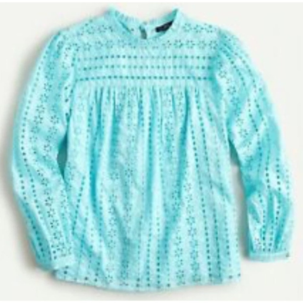 J.Crew Womens Blue Eyelet Cotton Ruffle Neck Tie‎ Back Blouse Top Medium M